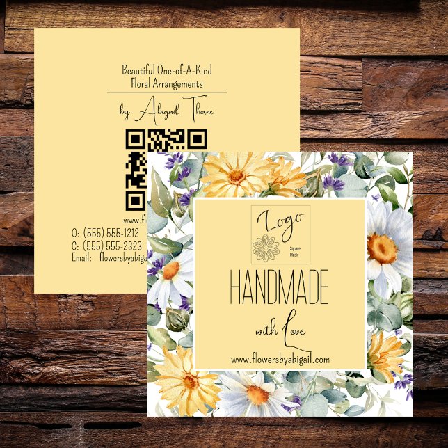 Logo Daisy Blume Handwerkliches Blumenhandwerk Quadratische Visitenkarte (Logo Daisy Flowers Floral Handmade Crafting QR Code Square Business Cards)