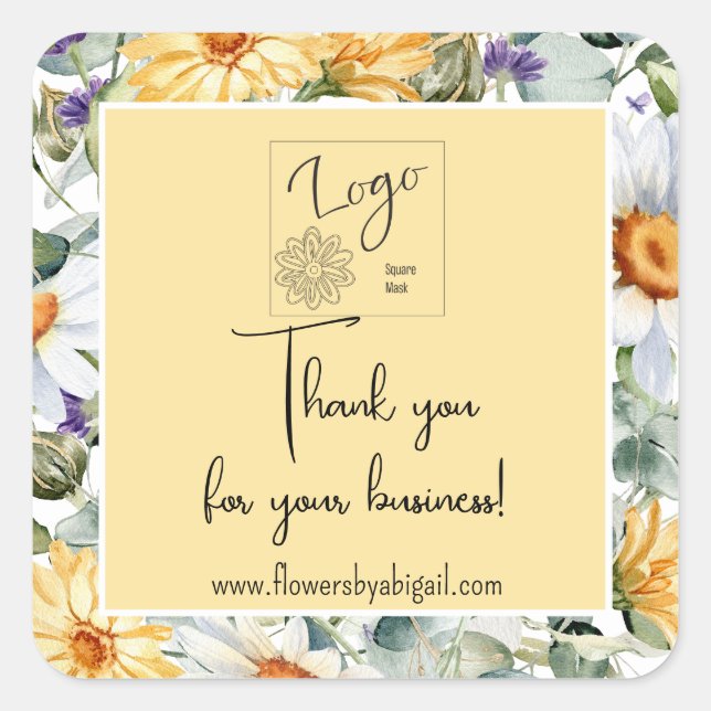 Logo Daisy Floral Handmade Crafting Business Promo Quadratischer Aufkleber (Vorderseite)