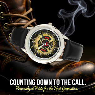 Logo der Feuerabteilung Schwarzes und Gold-Abzeich Armbanduhr