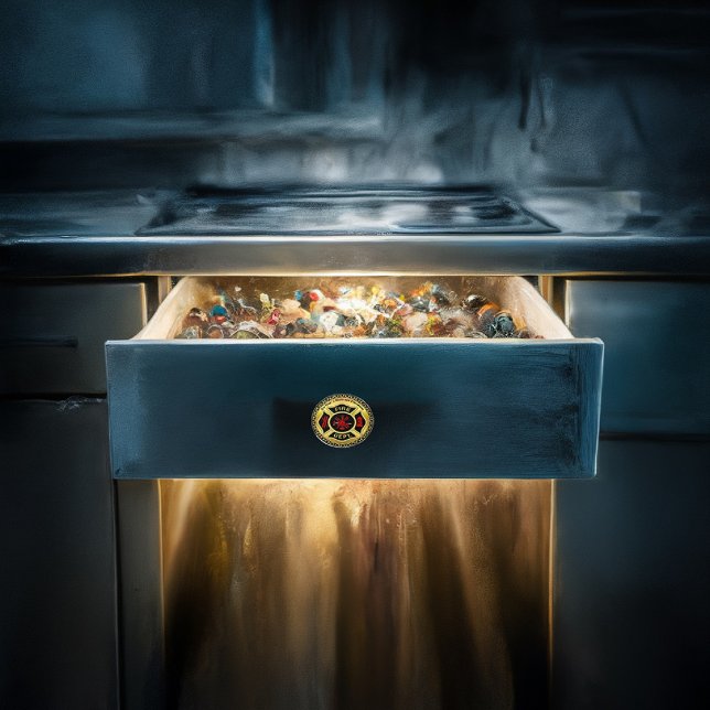 Logo der Feuerabteilung Schwarzes und Gold-Abzeich Keramikknauf (Von Creator hochgeladen)