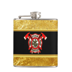 Logo der Feuerwehr Gold und Rotes Abzeichen Goldfo Flachmann