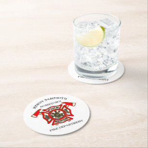 Logo der Feuerwehr Gold und Rotes Abzeichen Runder Pappuntersetzer