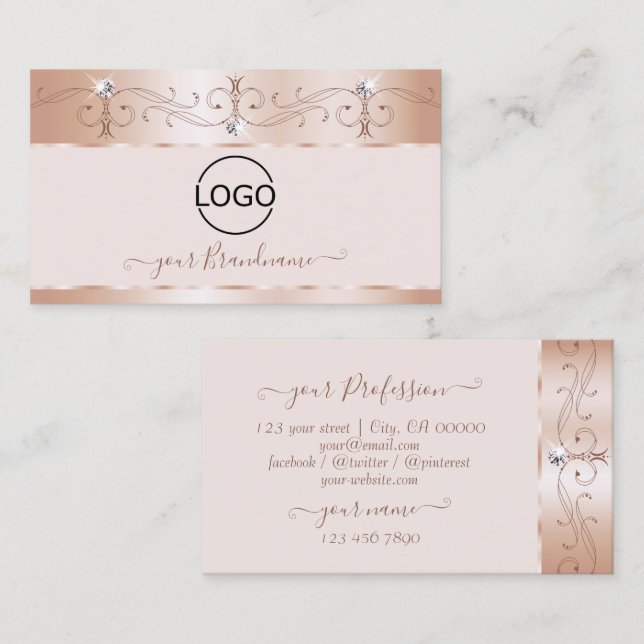 Logo der Luxus-Rose Coral Verziert Sparkle Diamond Visitenkarte (Vorne/Hinten)
