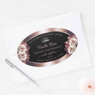 Logo der Luxus-Rose Gold Black Floral Product Labe Ovaler Aufkleber