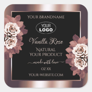 Logo der Luxus-Rose Gold Black Floral Product Labe Quadratischer Aufkleber