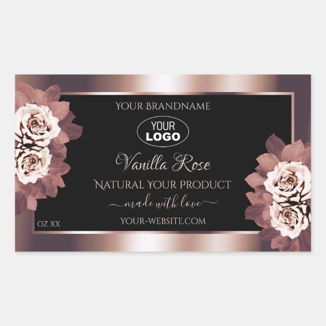 Logo der Luxus-Rose Gold Black Floral Product Labe Rechteckiger Aufkleber (Vorderseite)