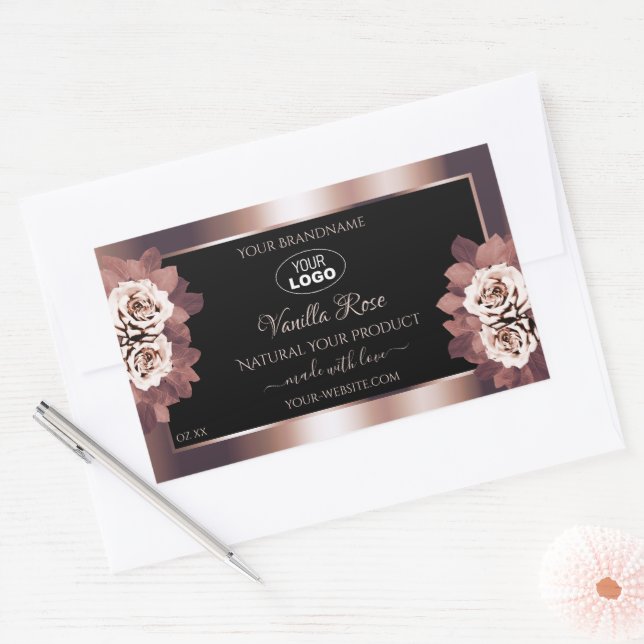 Logo der Luxus-Rose Gold Black Floral Product Labe Rechteckiger Aufkleber (Umschlag)