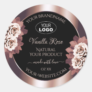 Logo der Luxus-Rose Gold Black Floral Product Labe Runder Aufkleber
