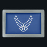 Logo der United Staaten Air Force - Blau Rechteckige Gürtelschnalle<br><div class="desc">Dieses Design zeigt das offizielle Logo der United Staaten Air Force auf einem fett blauen Hintergrund. Stolz,  Ehre und Tradition sind sie eine zeitlose Hommage an den Dienst und die Einsatzbereitschaft der United Staaten Air Force.</div>