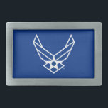 Logo der United Staaten Air Force - Blau Rechteckige Gürtelschnalle<br><div class="desc">Dieses Design zeigt das offizielle Logo der United Staaten Air Force auf einem fett blauen Hintergrund. Stolz,  Ehre und Tradition sind sie eine zeitlose Hommage an den Dienst und die Einsatzbereitschaft der United Staaten Air Force.</div>