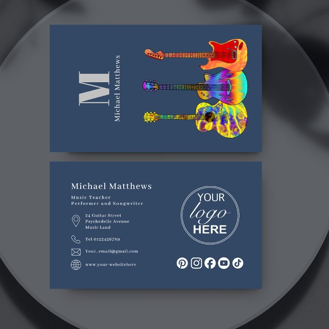 Logo des Gitarrenlehrers und soziale Medien Visitenkarte (Modern guitar music teacher logo and social media custom blue business card)