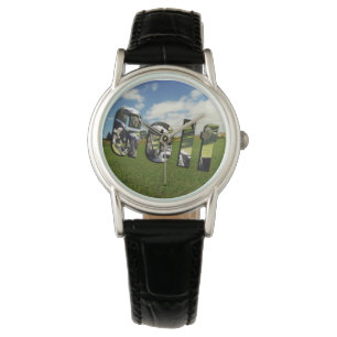 Logo des Golfplatzes, Ladys Black Leather Watch Armbanduhr