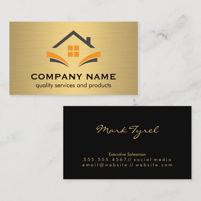 Logo des Hauses | Realtor | Gold-Metallic-Hintergr Visitenkarte (Vorne/Hinten)