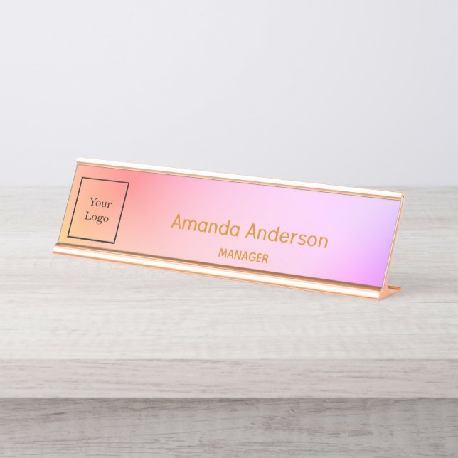 Logo-Firma rosa lila goldfarbener Farbverlauf Schreibtischnamensplakette (Vorderseite )
