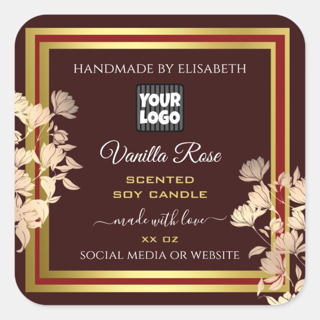 Logo-Floral-Produktkennzeichnungen Burgundy Gold Quadratischer Aufkleber (Vorderseite)