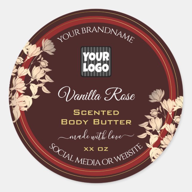 Logo-Floral-Produktkennzeichnungen Burgundy Gold Runder Aufkleber (Vorderseite)