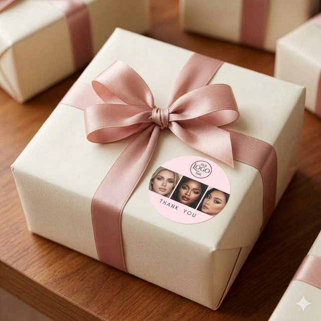 Logo Foto Make-up Danke Rosa Runder Aufkleber (Blush Pink with Black Script, Logo, Photo Thank you Sticker)