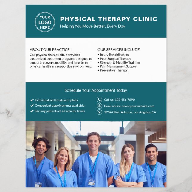 Logo-Foto-QR-Code der Physiotherapie-Klinik in Tür Flyer (Vorne)