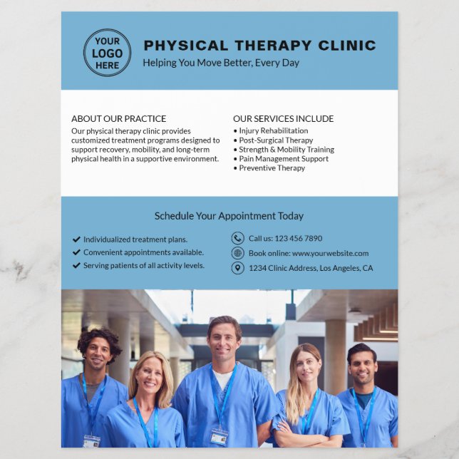 Logo-Foto-QR-Code der Physiotherapieklinik in Blau Flyer (Vorne)