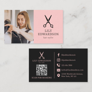 Logo-Foto-QR-Code für Haarschneideschere in Rosa Visitenkarte
