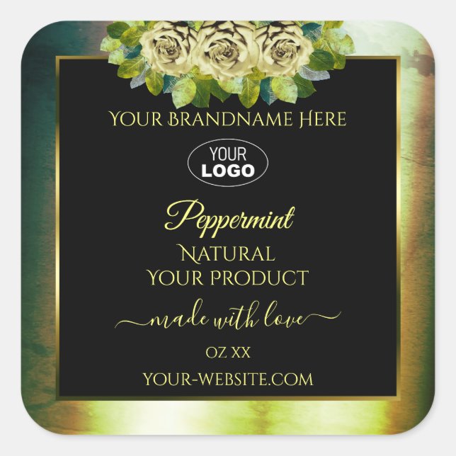 Logo für Aquamarin grüne, schwarze, florale Markie Quadratischer Aufkleber (Vorderseite)