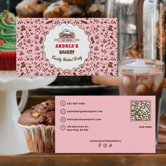 Logo für Bäckerei und QR-Code Niedlich, pastellfar Visitenkarte (Von Creator hochgeladen)