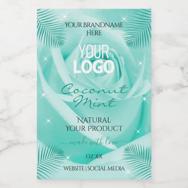 Logo für Blumenmarken Aquamarine Rose Palm-Blätter Lebensmitteletikett (Einzelnes Label)