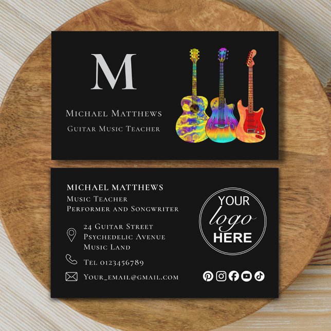 Logo für Gitarrenmusiklehrer Social Media Custom Visitenkarte (Modern guitar music teacher professional musician logo social media Business card Colorful guitars)