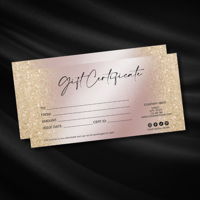 Logo für moderne Geschenkgutscheine (rose gold and gold glitter elegant gift voucher with modern typography)