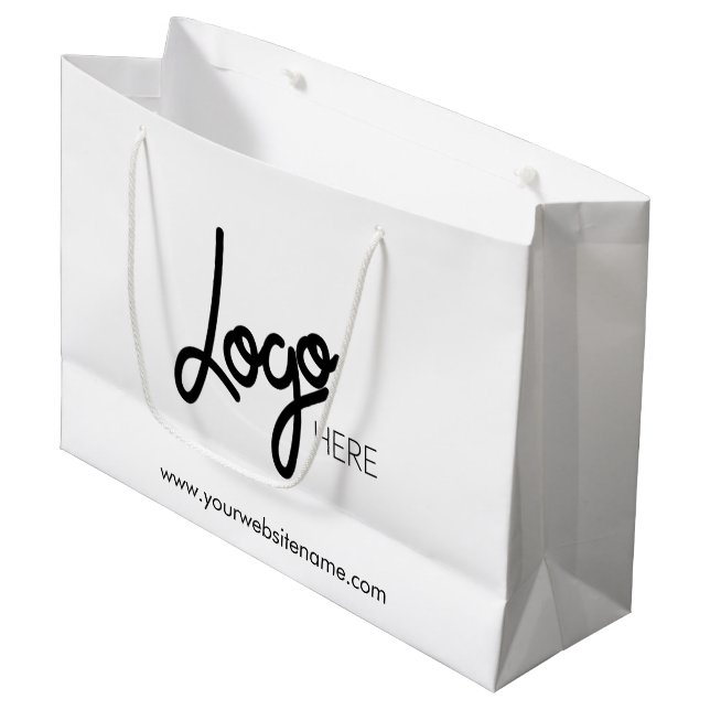 Logo für Unternehmen Weiße große Geschenktasche Große Geschenktüte (Vorderseite Schrägansicht)