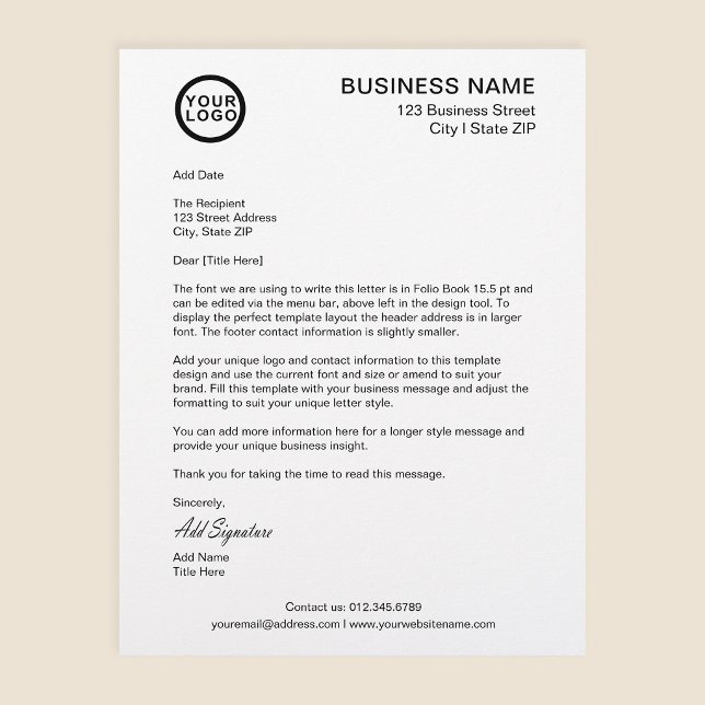 Logo Geschäft Brief Unterschrift Vorlage Weiß Briefbogen ( Stylishly Personalize with Your Custom Logo, Business Contact Information & Unique Message.)