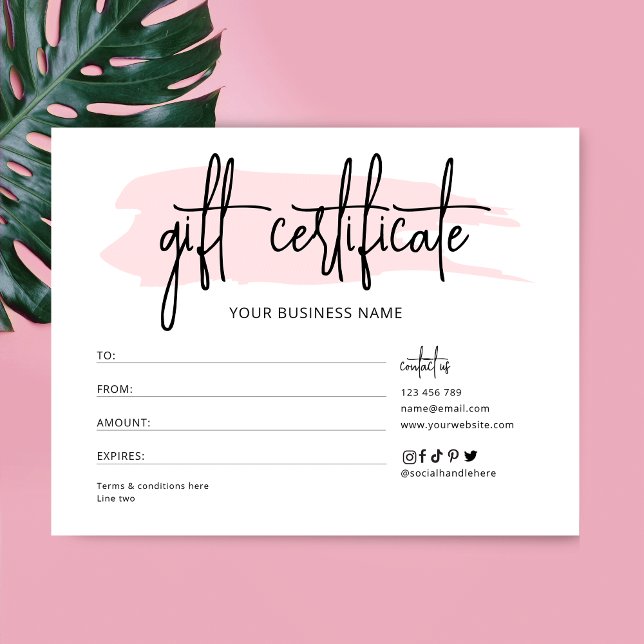 Logo-Geschenkgutschein für das Logo "Pink Watercol Karte (Feminine pink watercolor business gift voucher, with fully editable text and colors)