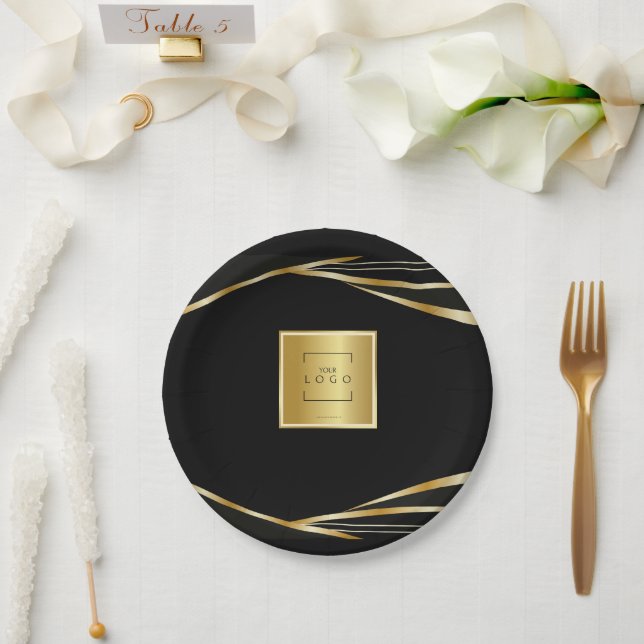 Logo Gold und Schwarz hinzufügen Unternehmensveran Pappteller (Hochzeit)