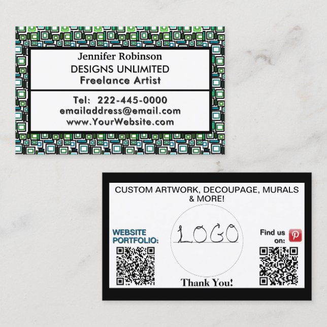 Logo "Green Blue Geometric Blocks QR Code" Visitenkarte (Vorne/Hinten)