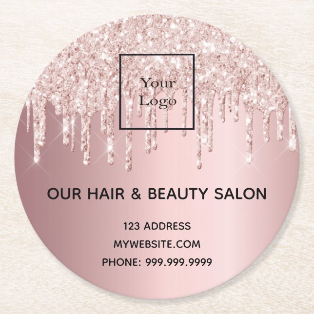 Logo Haare Schönheitssalon Rose Gold Rosa Glitzer  Runder Pappuntersetzer (Vorderseite)