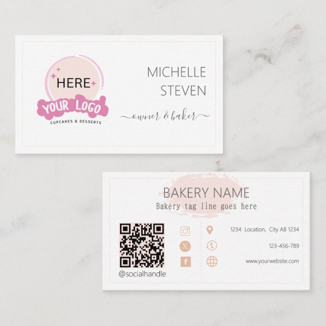 Logo hinzufügen Blass Pink Bäckerei Business Card  Visitenkarte (Vorne/Hinten)