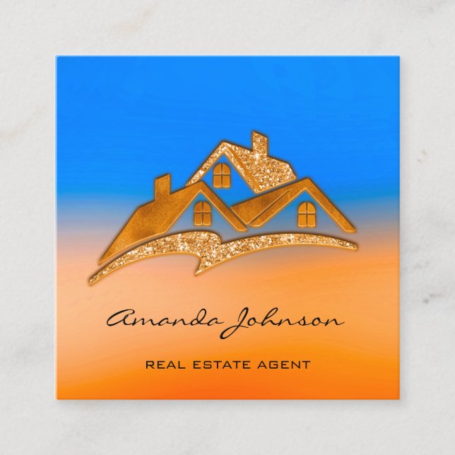 Logo House Real Anwesen Agent Zuhause Blue Orange Quadratische Visitenkarte (Vorderseite)