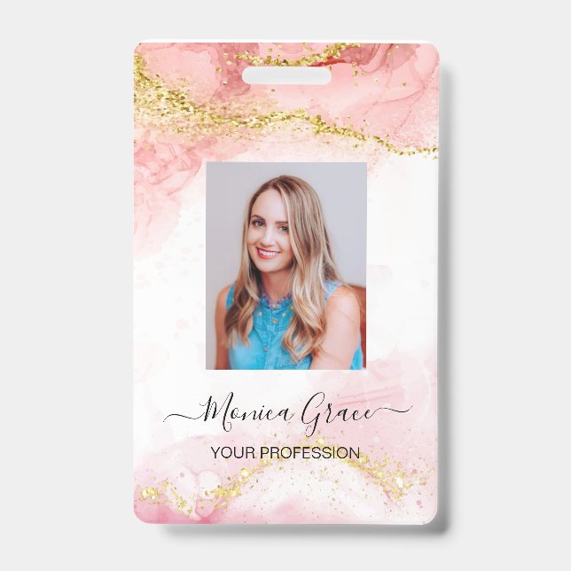 Logo-ID für Rosa Gold-Glitzer-Marmor-Logo Ausweis (Vorderseite)