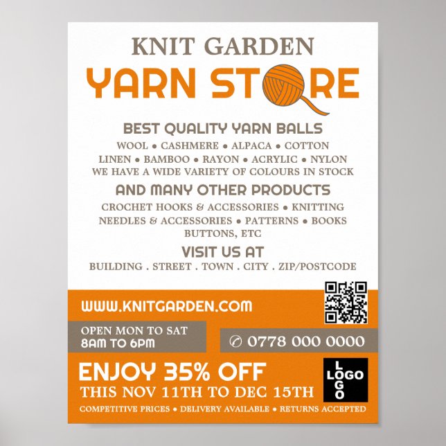 Logo im Orange-Garn-Store, Knitterladen, Garnspeic Poster (Vorne)