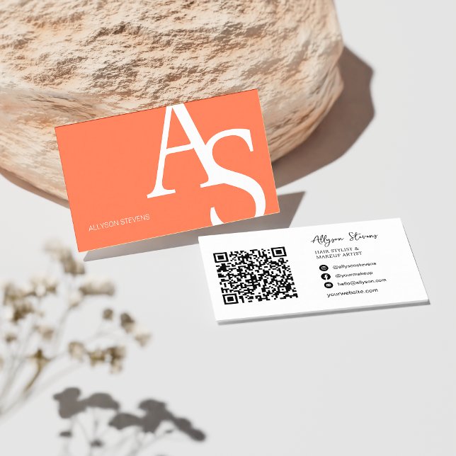 Logo-Initialen Korallenorange Fettdruck qr-Code Visitenkarte (Logo initials neon pink bold makeup qr code business card coral orange)