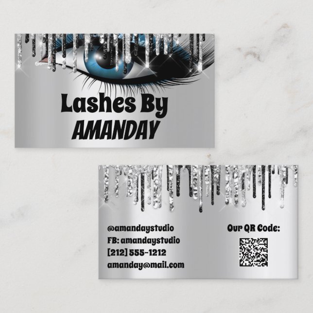 Logo-Lashes Makeup Artist Silver Tropfen QR Code Visitenkarte (Vorne/Hinten)