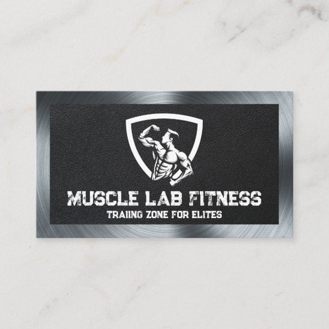 Logo "Man Flexing Fitness" | Leder | Metall Visitenkarte (Vorderseite)