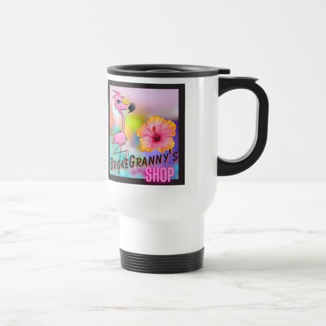 Logo Merch Tasse, BrokeGranny, Flamingo & Hibiskus Reisebecher (Rechts)