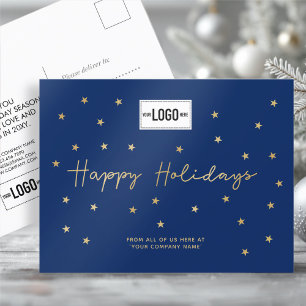 Logo-Minimalistische Gold Stars Navy Business Happ Feiertagspostkarte