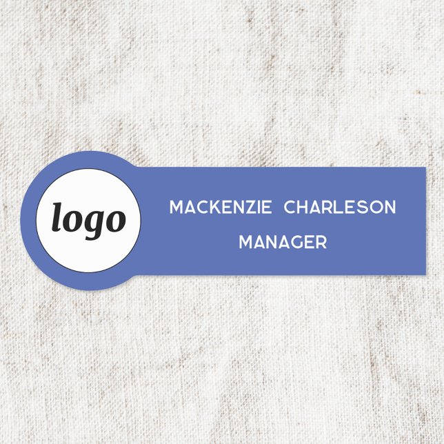 Logo Mitarbeiter Blue Business Namensschild (Simple logo with custom text business branding promotional blue name tag badge)