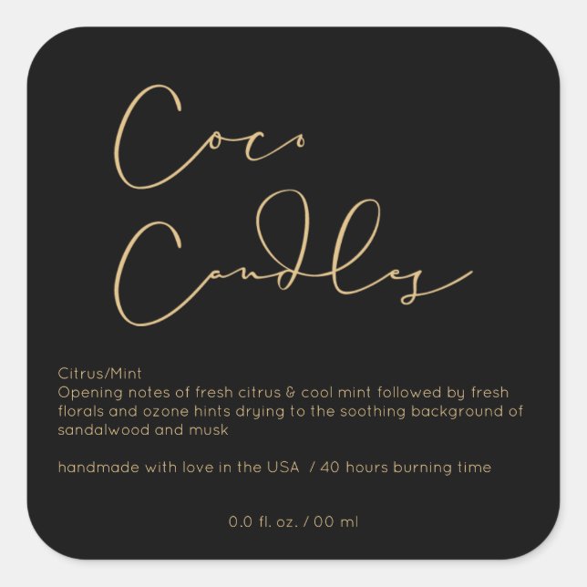 Logo Modern Black Product Candle Label Quadratischer Aufkleber (Vorderseite)