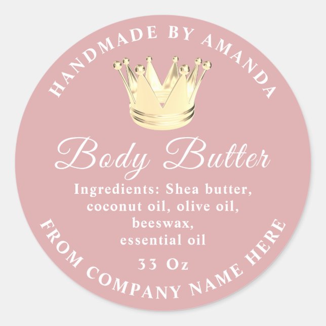 Logo Name Body Butter Scrub Golden Crown Blush Runder Aufkleber (Vorderseite)