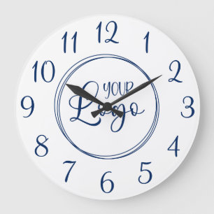 Logo "Navy Blue Elegant Script Numbers" Große Wanduhr
