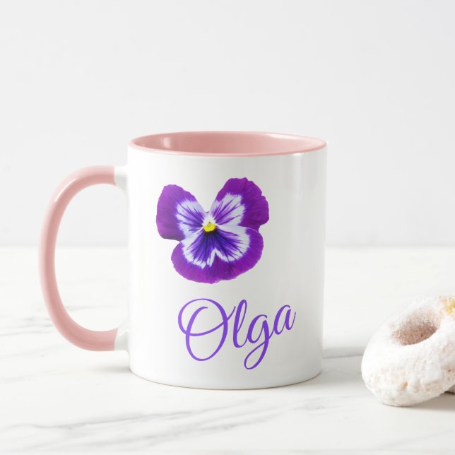Logo "Olga" mit einer Lila Pansy Tasse (Mit Donut)