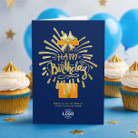 Logo Orange Geschenk Gold Navy Blue Group Geburtst Karte<br><div class="desc">Persönlich dieses lustige moderne Business Happy Birthday Card. Stilvolles Design mit goldenen Feuerwerk in Imitaten mit handgeschriebenem Happy Birthday Text aus einer hellen orangefarbenen Aquarellfarben-Geschenkboxen mit Imitaten goldenen Band. Bitte beachten Sie, dass die Goldelemente beige-gelb-flach gedruckt sind und keine echte Goldfolie. Ersetzen Sie das Logo hier mit Ihrem eigenen Logo...</div>